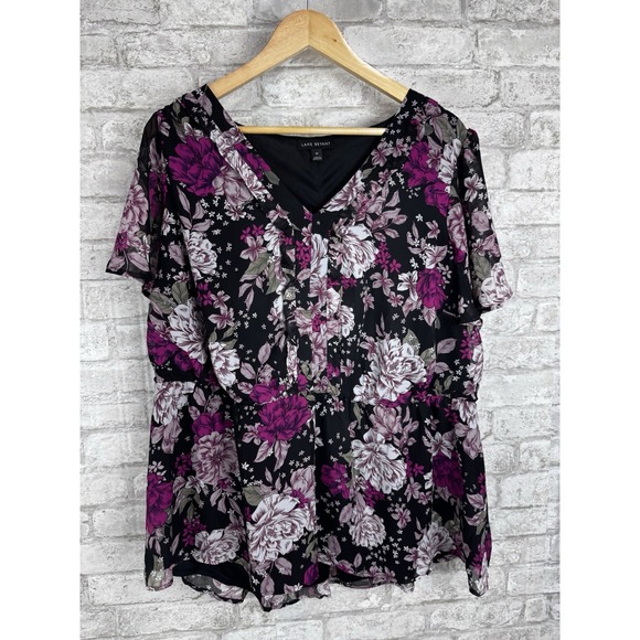 Lane Bryant Popover Top Size 20 Purple Floral Peplum Stretch Waist Chiffon Flowy - Picture 1 of 11